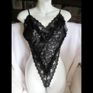 Small Delicates Black Lace Teddy Unisuit Ribbon Back 100% Polyester U.S.A. Made
